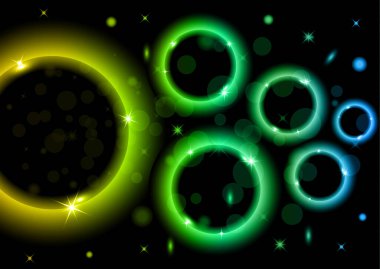 Parlak soyut bir arka plan. Koyu arkaplanda röfleli renkli yüzükler. Reklamcılık, web sitesi, afişler ve posterler için tasarım.