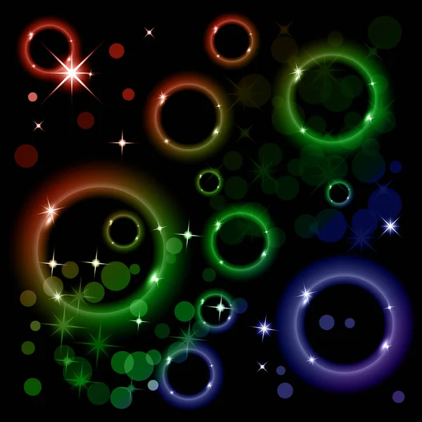 Векторная Иллюстрация Ярких Цветовых Кругов Колец Бликами Искрами Темном Фоне — стоковый вектор