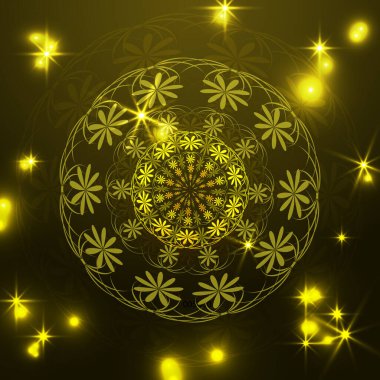 Parlayan karanlık bir arka planda parlak, yuvarlak bir süs. Çiçek deseni. Tasarım elementi. Vektör illüstrasyonu.