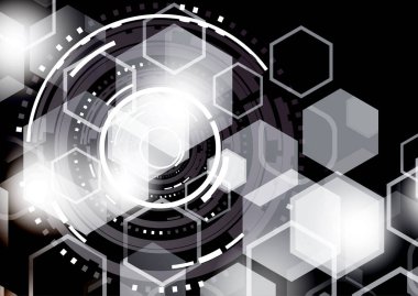 Karanlık bir arka planda parlak soyut çemberler ve altıgenler. İletişim tasarımı, yenilik, dijital teknoloji, güvenlik kavramı. Vektör illüstrasyonu