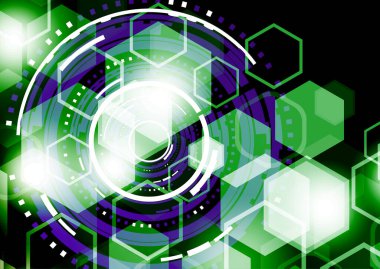 Karanlık bir arka planda parlak soyut çemberler ve altıgenler. İletişim tasarımı, yenilik, dijital teknoloji, güvenlik kavramı. Vektör illüstrasyonu