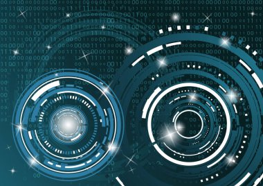 Modern soyut tasarım teknolojisi. İletişim konsepti, yenilik. Karanlık bir arkaplandaki dijital devre çemberi, kod matrisi.