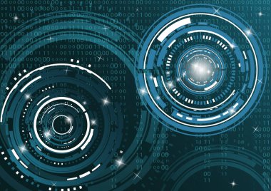 Modern soyut tasarım teknolojisi. İletişim konsepti, yenilik. Karanlık bir arkaplandaki dijital devre çemberi, kod matrisi.