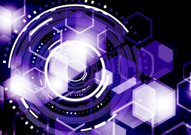 Karanlık bir arka planda parlak soyut çemberler ve altıgenler. İletişim tasarımı, yenilik, dijital teknoloji, güvenlik kavramı. Vektör illüstrasyonu