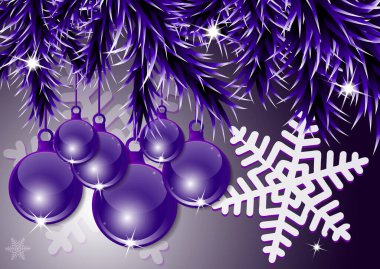 Yeni yıl, Noel arkaplanı, şenlikli balolar ve köknar dalları. Kar taneleri. Tasarım ve dekorasyon. Vektör illüstrasyonu.