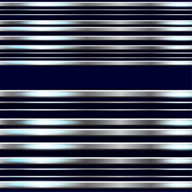 Karanlık bir arka planda yatay metal şeritler. Cilalanmış doku, krom, gümüş, çelik, alüminyum. Tasarım konsepti. Vektör illüstrasyonu