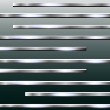 Karanlık bir arka planda yatay metal şeritler. Cilalanmış doku, krom, gümüş, çelik, alüminyum. Tasarım konsepti. Vektör illüstrasyonu