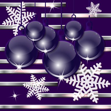 Yatay çizgili arka planda kar taneleri olan Noel kutlaması topları. Vektör illüstrasyonu.