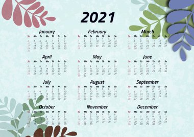 Yaratıcı sanat takvimi 2021, 12 ay. Parlak tasarım, el ilanı, broşür, reklam. Vektör illüstrasyonu