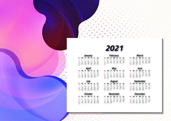 Calendario Inglés 2021 Semana Comienza Domingo Diseño Suministros Oficina Plantilla — Archivo Imágenes Vectoriales