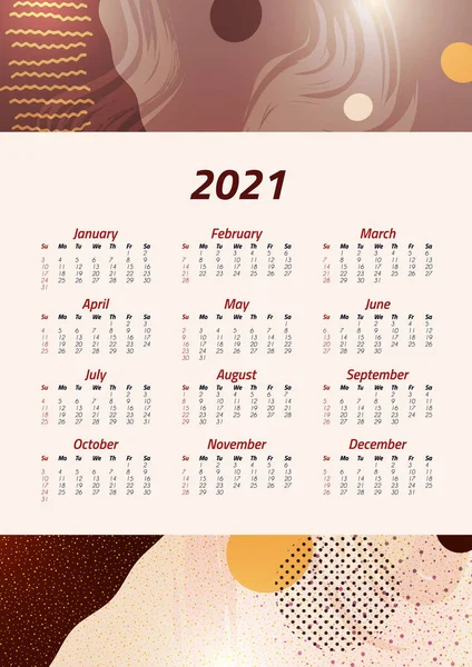 Calendario Inglés 2021 Semana Comienza Domingo Diseño Suministros Oficina Plantilla — Archivo Imágenes Vectoriales