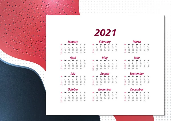 Calendario Inglés 2021 Semana Comienza Domingo Diseño Suministros Oficina Plantilla — Archivo Imágenes Vectoriales