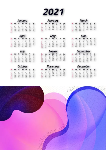 Calendario Inglés 2021 Semana Comienza Domingo Diseño Suministros Oficina Plantilla — Archivo Imágenes Vectoriales