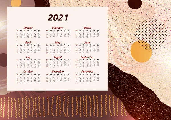 Calendario Inglés 2021 Semana Comienza Domingo Diseño Suministros Oficina Plantilla — Archivo Imágenes Vectoriales