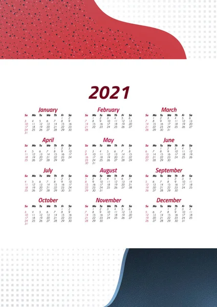 2021 İngiliz takvimi. Hafta pazar günü başlıyor. Ofis malzemeleri tasarımı. İş planı. Soyut renkli illüstrasyon. Vektör