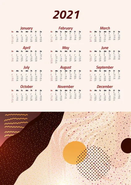 Calendario Inglés 2021 Semana Comienza Domingo Diseño Suministros Oficina Plantilla — Archivo Imágenes Vectoriales