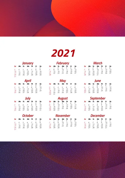 Engelse Kalender Van 2021 Week Begint Zondag Kantoorbenodigdheden Ontwerp Bedrijfssjabloon — Stockvector