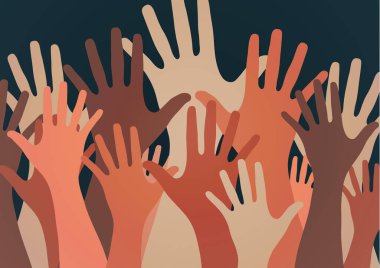 People raise their hands, vote with their hands. The concept of multinationality, diversity, union and power. Volunteering, charity, donations and solidarity. Vector clipart
