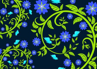 Koyu arkaplanda kelebekli parlak çiçek süsü. Vektör çizimi..