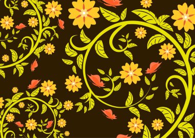 Koyu arkaplanda kelebekli parlak çiçek süsü. Vektör çizimi..