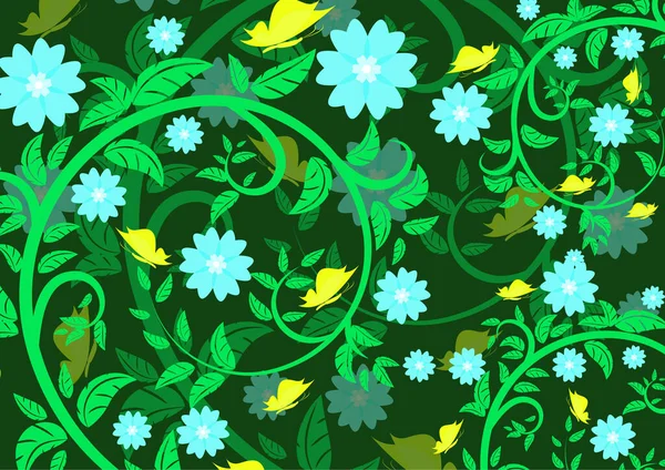 Helle Florale Ornamente Mit Schmetterlingen Auf Dunklem Hintergrund Vector Illustration — Stockvektor