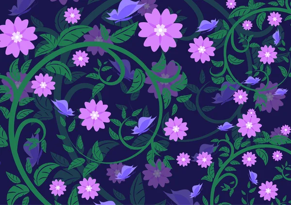 Helle Florale Ornamente Mit Schmetterlingen Auf Dunklem Hintergrund Vector Illustration — Stockvektor