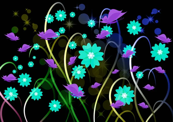 Luminoso Ornamento Floreale Con Farfalle Uno Sfondo Scuro Illustrazione Vettoriale — Vettoriale Stock