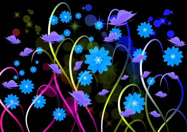 Luminoso Ornamento Floreale Con Farfalle Uno Sfondo Scuro Illustrazione Vettoriale — Vettoriale Stock