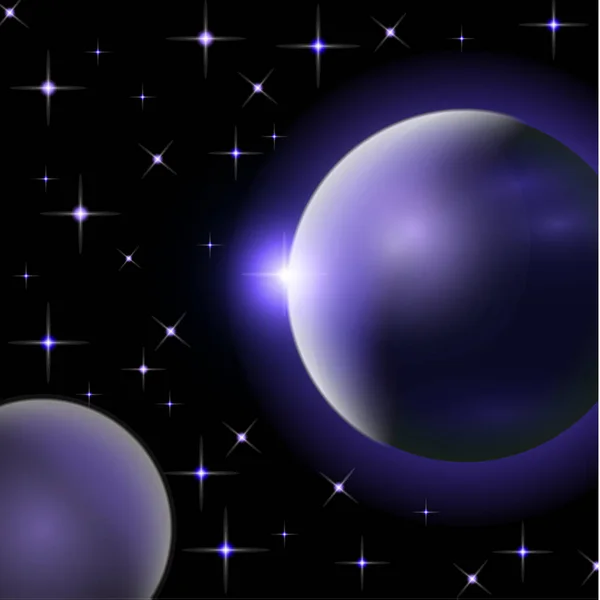 惑星や明るい星を持つ抽象的な宇宙 暗い背景にハローライトの影響 光の点滅 ベクトル空間イラスト — ストックベクタ