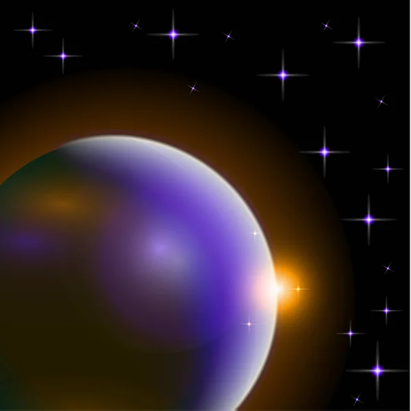 惑星や明るい星を持つ抽象的な宇宙 暗い背景にハローライトの影響 光の点滅 ベクトル空間イラスト — ストックベクタ