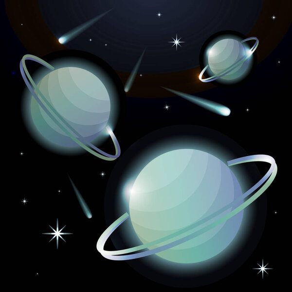 Fantastic space background with planets with ring, stars and comets. Astronomy and space, celestial objects, astrology and the universe, the space of galaxies and cosmic lights. Vector illustration.