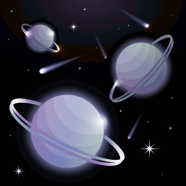 Fantastic space background with planets with ring, stars and comets. Astronomy and space, celestial objects, astrology and the universe, the space of galaxies and cosmic lights. Vector illustration.