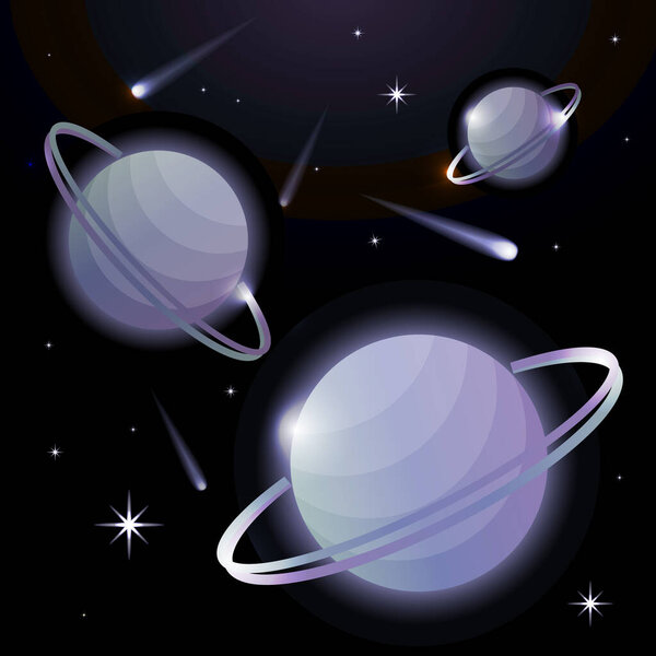 Fantastic space background with planets with ring, stars and comets. Astronomy and space, celestial objects, astrology and the universe, the space of galaxies and cosmic lights. Vector illustration.
