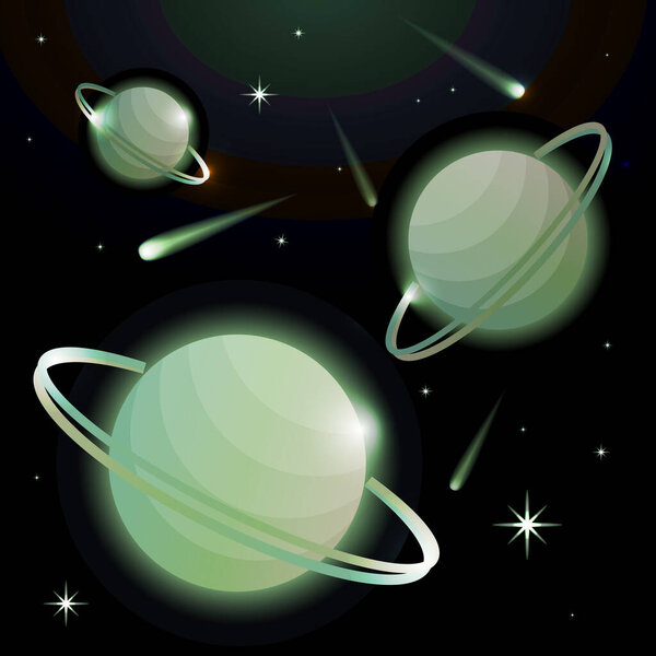 Fantastic space background with planets with ring, stars and comets. Astronomy and space, celestial objects, astrology and the universe, the space of galaxies and cosmic lights. Vector illustration.