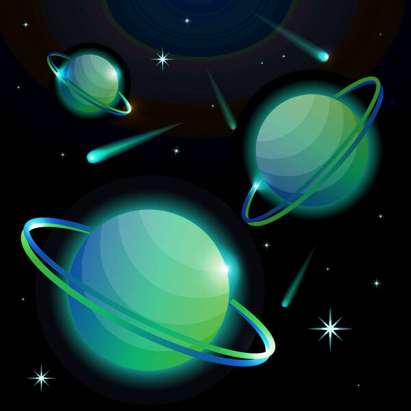 Fantastic space background with planets with ring, stars and comets. Astronomy and space, celestial objects, astrology and the universe, the space of galaxies and cosmic lights. Vector illustration.