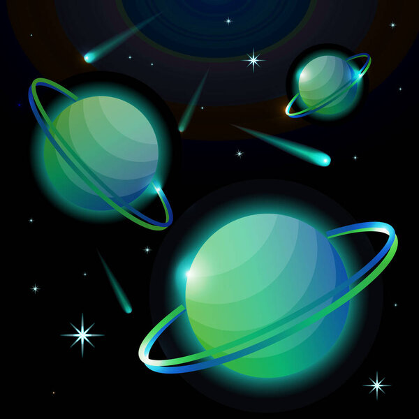 Fantastic space background with planets with ring, stars and comets. Astronomy and space, celestial objects, astrology and the universe, the space of galaxies and cosmic lights. Vector illustration.