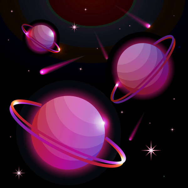 Fantastic space background with planets with ring, stars and comets. Astronomy and space, celestial objects, astrology and the universe, the space of galaxies and cosmic lights. Vector illustration.