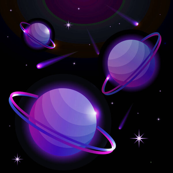Fantastic space background with planets with ring, stars and comets. Astronomy and space, celestial objects, astrology and the universe, the space of galaxies and cosmic lights. Vector illustration.