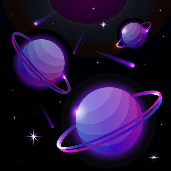 Fantastic space background with planets with ring, stars and comets. Astronomy and space, celestial objects, astrology and the universe, the space of galaxies and cosmic lights. Vector illustration.