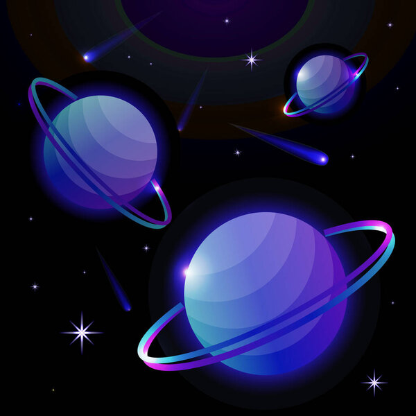 Fantastic space background with planets with ring, stars and comets. Astronomy and space, celestial objects, astrology and the universe, the space of galaxies and cosmic lights. Vector illustration.