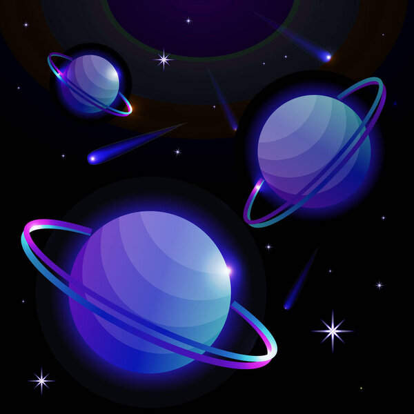 Fantastic space background with planets with ring, stars and comets. Astronomy and space, celestial objects, astrology and the universe, the space of galaxies and cosmic lights. Vector illustration.