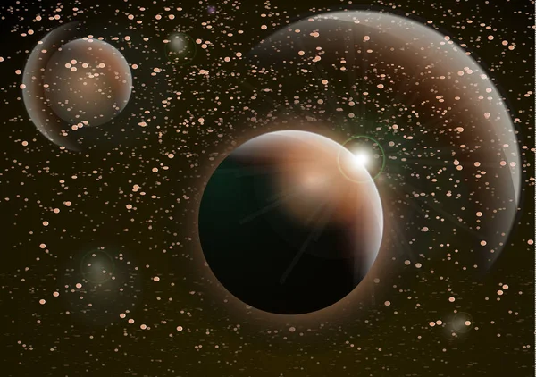 深宇宙の背景 惑星や明るい星との宇宙 暗い背景にハローライトの影響 光の点滅 ベクターイラスト — ストックベクタ