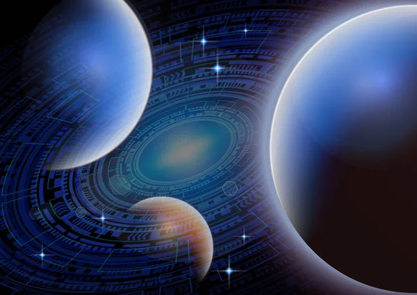 Interfaz Futurista Globalización Nuevas Tecnologías Universo Con Planetas Estrellas Brillantes — Archivo Imágenes Vectoriales