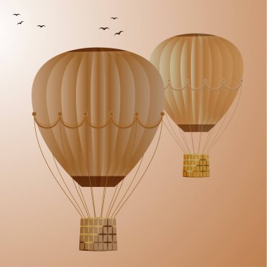 Büyük renkli balonlar parlak gökyüzüne ve kuşlara doğru süzülür. Tasarımınız için vektör illüstrasyonu.