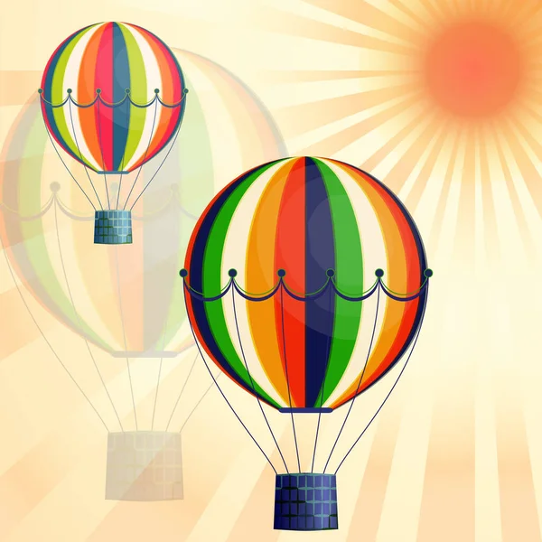 色彩艳丽的大气球在明亮的天空和太阳的映衬下翱翔 为您的设计提供创意向量说明 — 图库矢量图片