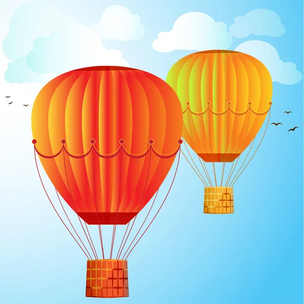 色彩斑斓的大气球在明亮的天空 云彩和鸟儿的映衬下翱翔 为您的设计提供矢量图解 — 图库矢量图片