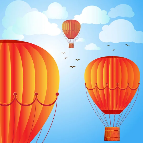 Grandes Balões Coloridos Voam Contra Céu Brilhante Nuvens Pássaros Ilustração — Vetor de Stock