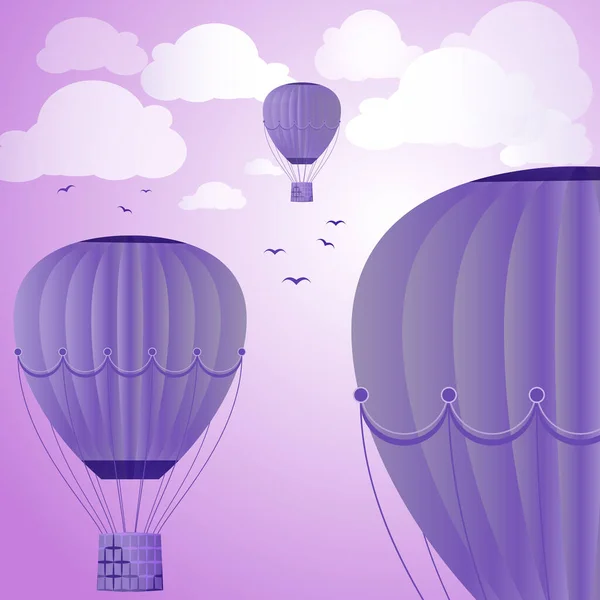 Grote Gekleurde Ballonnen Zweven Tegen Avondhemel Wolken Vogels Vector Illustratie — Stockvector