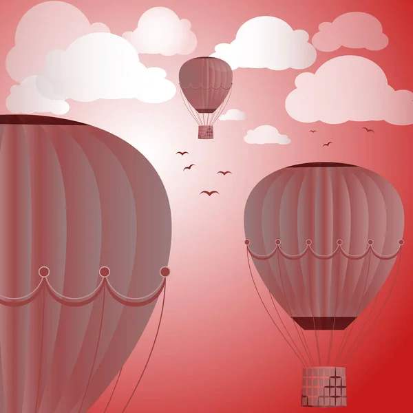Große Bunte Luftballons Steigen Den Abendhimmel Wolken Und Vögel Vektor — Stockvektor