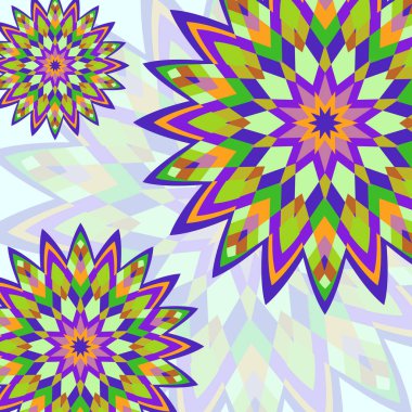 Parlak renkli bir arka plan ve gri bir arka planda oryantal mandalas süsleri. Herhangi bir yüzey için şablon, kartlar, davetiyeler, afişler, el ilanları. Vektör illüstrasyonu.